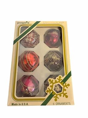 Vintage Pyramid Red Gold Glitter Glass Ball Christmas Ornaments Set of 6 USA